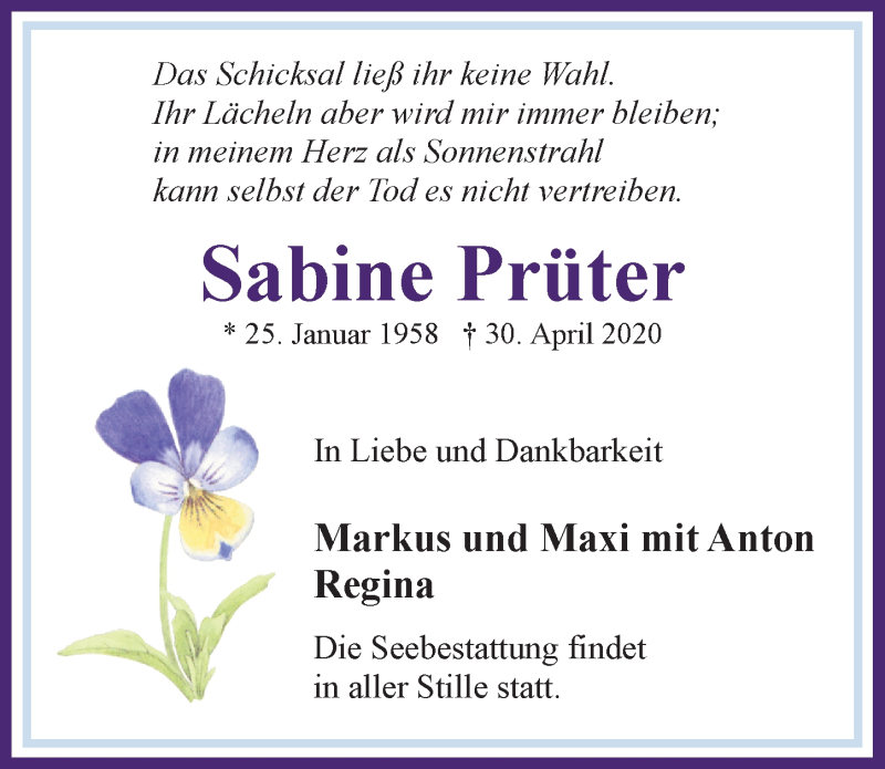  Traueranzeige für Sabine Prüter vom 09.05.2020 aus Ostsee-Zeitung GmbH
