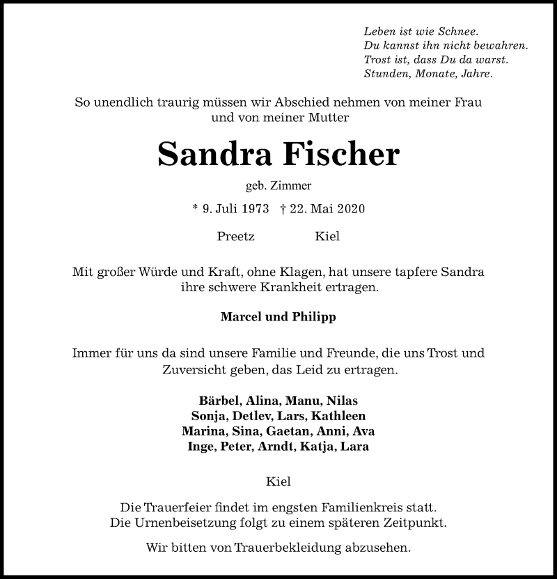  Traueranzeige für Sandra Fischer vom 27.05.2020 aus Kieler Nachrichten