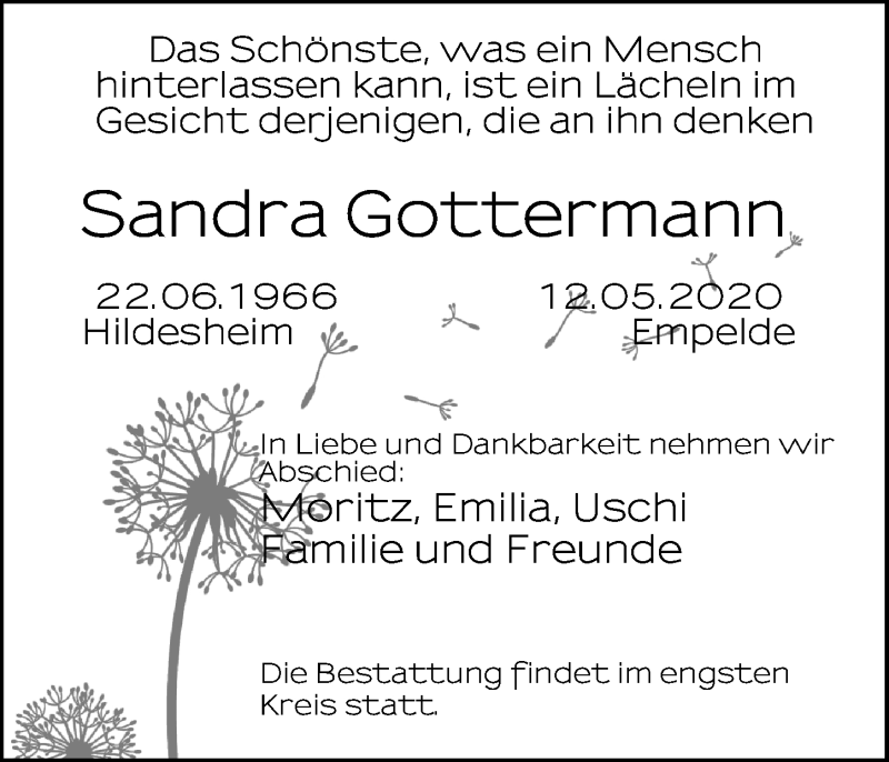  Traueranzeige für Sandra Gottermann vom 23.05.2020 aus Hannoversche Allgemeine Zeitung/Neue Presse