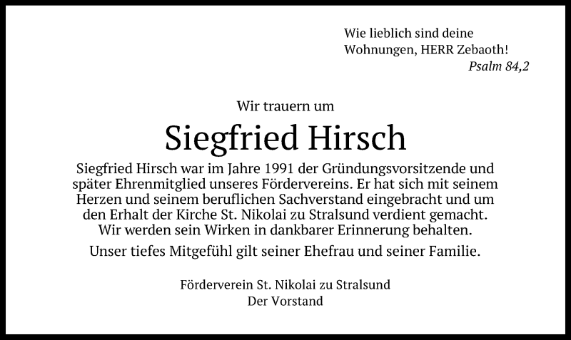  Traueranzeige für Siegfried Hirsch vom 23.05.2020 aus Ostsee-Zeitung GmbH
