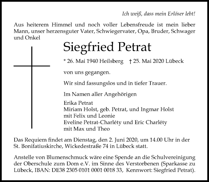  Traueranzeige für Siegfried Petrat vom 31.05.2020 aus Lübecker Nachrichten