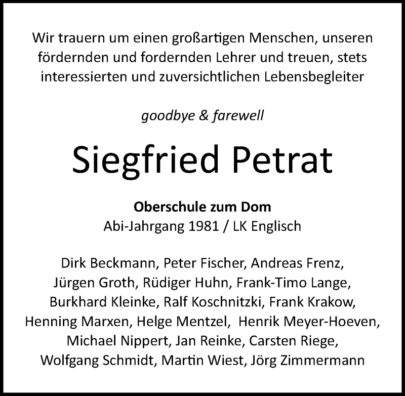  Traueranzeige für Siegfried Petrat vom 31.05.2020 aus Lübecker Nachrichten