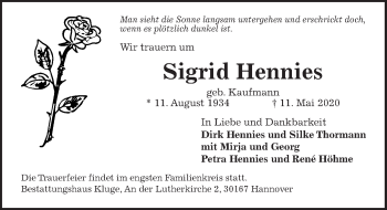 Traueranzeige von Sigrid Hennies von Hannoversche Allgemeine Zeitung/Neue Presse