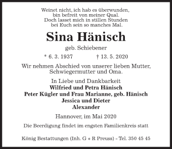 Traueranzeige von Sina Hänisch von Hannoversche Allgemeine Zeitung/Neue Presse