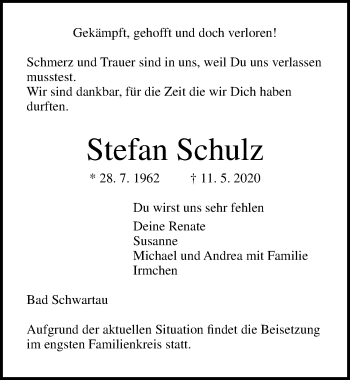 Traueranzeige von Stefan Schulz von Lübecker Nachrichten