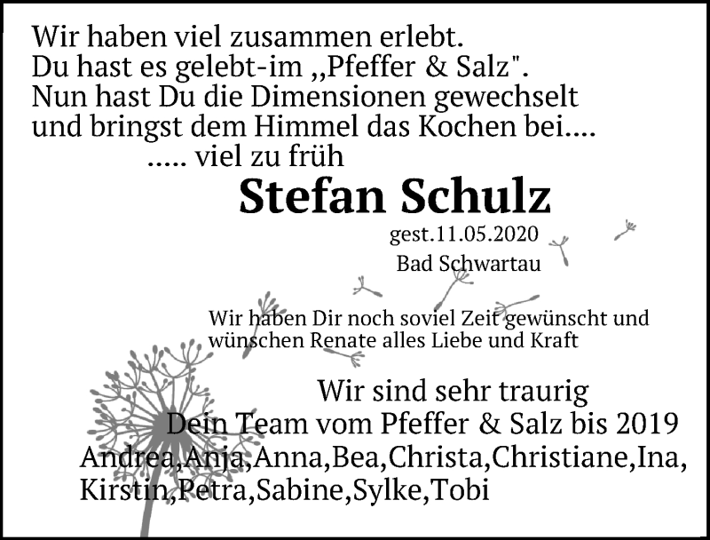  Traueranzeige für Stefan Schulz vom 17.05.2020 aus Lübecker Nachrichten