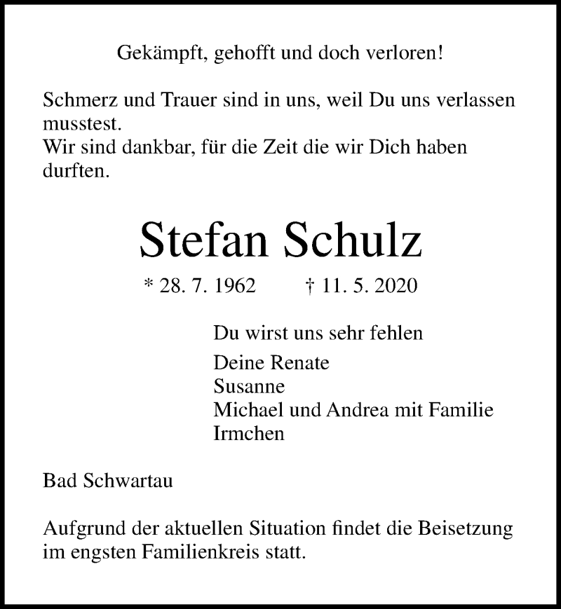 Traueranzeige für Stefan Schulz vom 17.05.2020 aus Lübecker Nachrichten