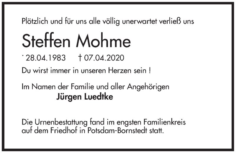  Traueranzeige für Steffen Mohme vom 09.05.2020 aus Märkischen Allgemeine Zeitung