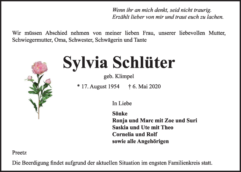  Traueranzeige für Sylvia Schlüter vom 09.05.2020 aus Kieler Nachrichten