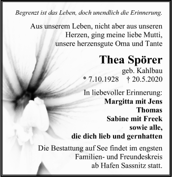 Traueranzeige von Thea Spörer von Ostsee-Zeitung GmbH