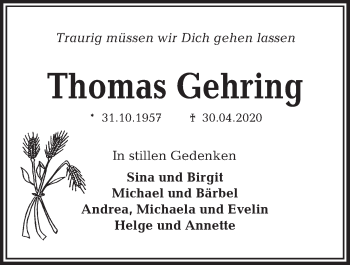 Traueranzeige von Thomas Gehring von Kieler Nachrichten