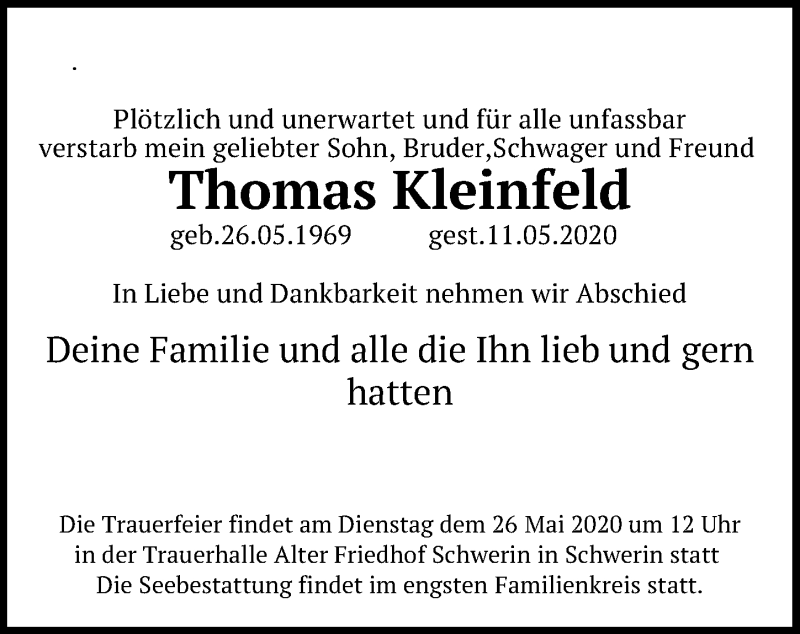  Traueranzeige für Thomas Kleinfeld vom 19.05.2020 aus Ostsee-Zeitung GmbH