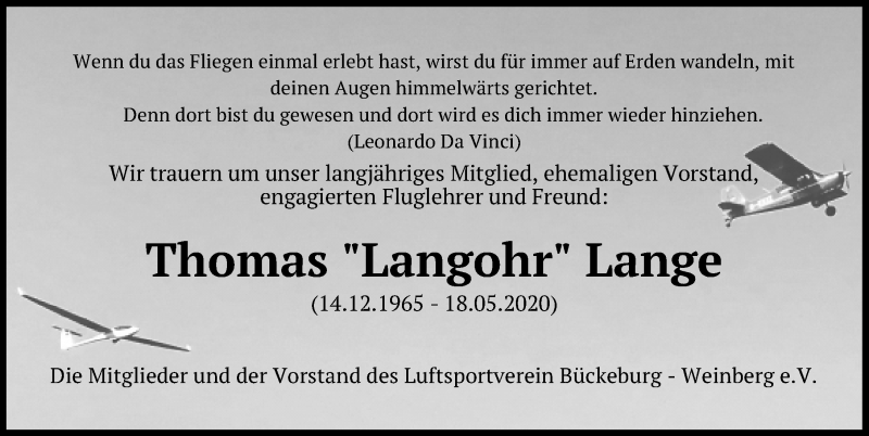  Traueranzeige für Thomas Lange vom 23.05.2020 aus Schaumburger Nachrichten