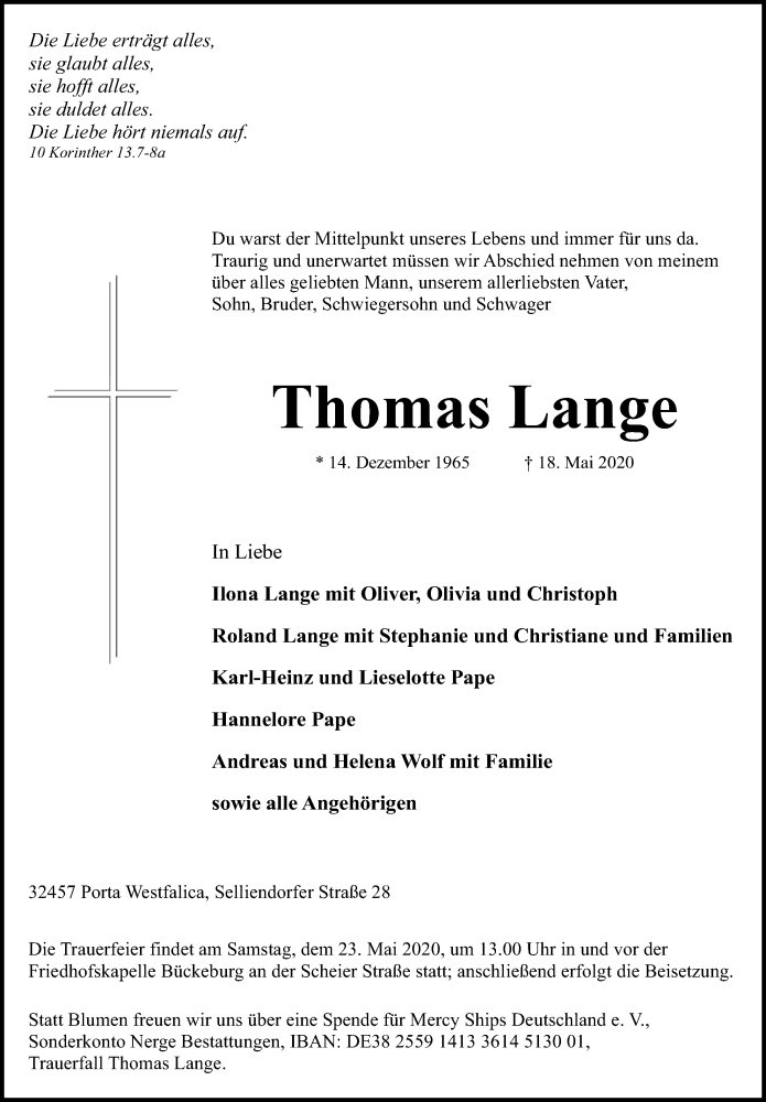  Traueranzeige für Thomas Lange vom 20.05.2020 aus Schaumburger Nachrichten