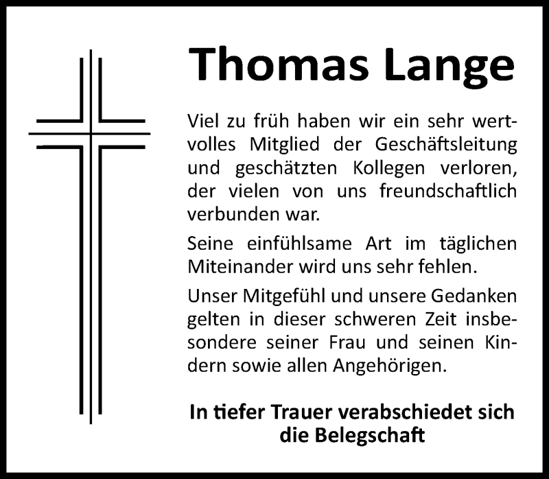  Traueranzeige für Thomas Lange vom 23.05.2020 aus Schaumburger Nachrichten