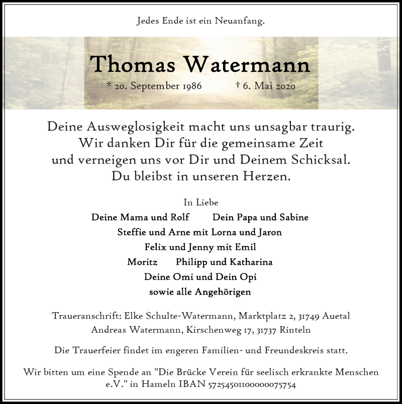  Traueranzeige für Thomas Watermann vom 13.05.2020 aus Schaumburger Nachrichten