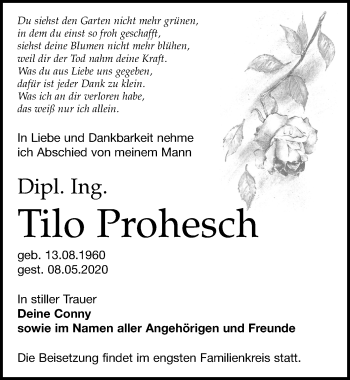 Traueranzeige von Tilo Prohesch von Leipziger Volkszeitung