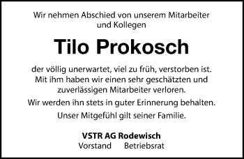 Traueranzeige von Tilo Prokosch von Leipziger Volkszeitung