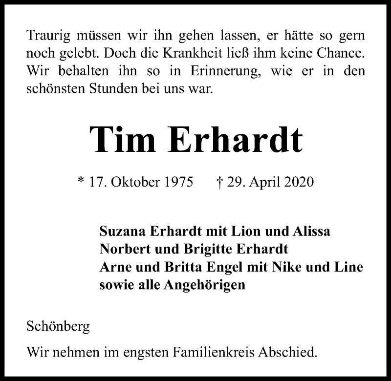  Traueranzeige für Tim Erhardt vom 09.05.2020 aus Kieler Nachrichten