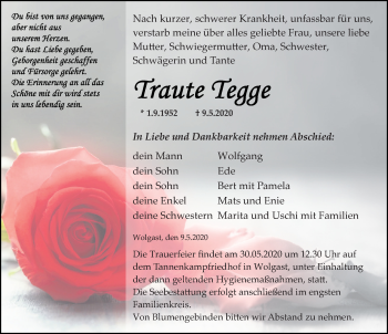 Traueranzeige von Traute Tegge von Ostsee-Zeitung GmbH
