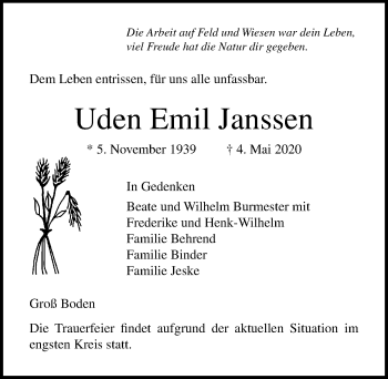 Traueranzeige von Uden Emil Janssen von Lübecker Nachrichten