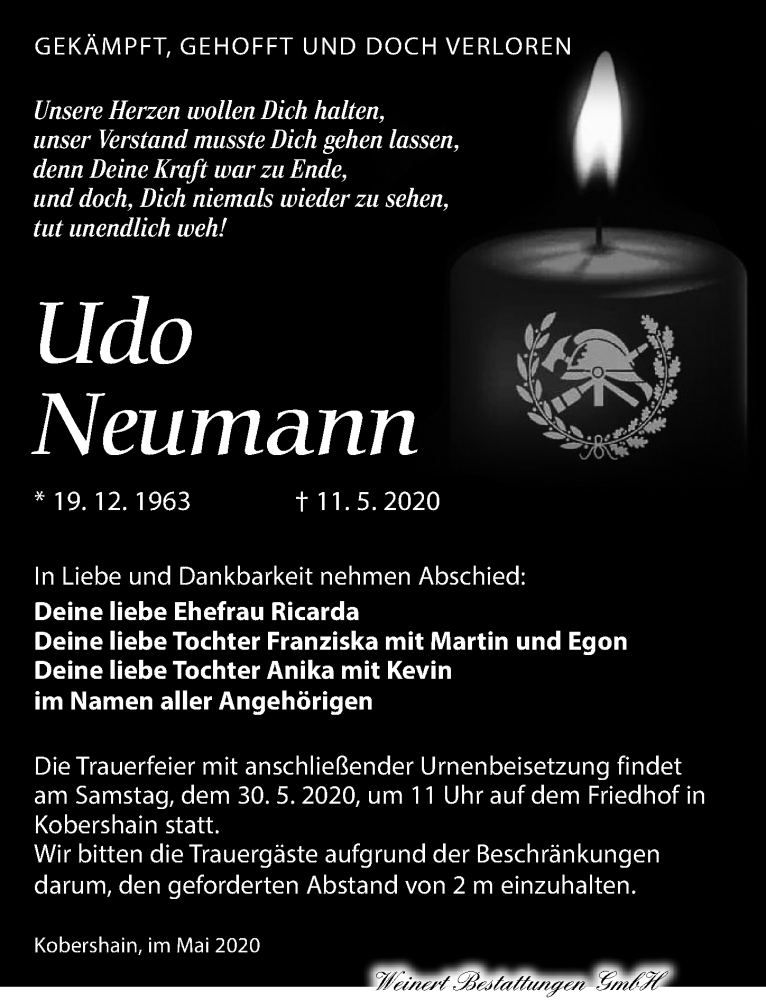  Traueranzeige für Udo Neumann vom 23.05.2020 aus Torgauer Zeitung
