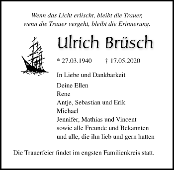 Traueranzeige von Ulrich Brüsch von Ostsee-Zeitung GmbH