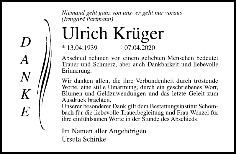  Traueranzeige für Ulrich Krüger vom 30.05.2020 aus Ostsee-Zeitung GmbH