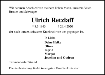 Traueranzeige von Ulrich Retzlaff von Lübecker Nachrichten