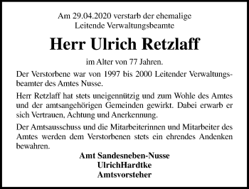 Traueranzeige von Ulrich Retzlaff von Lübecker Nachrichten