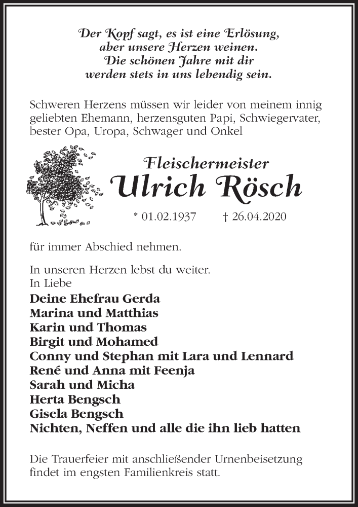 Traueranzeige für Ulrich Rösch vom 02.05.2020 aus Märkischen Allgemeine Zeitung