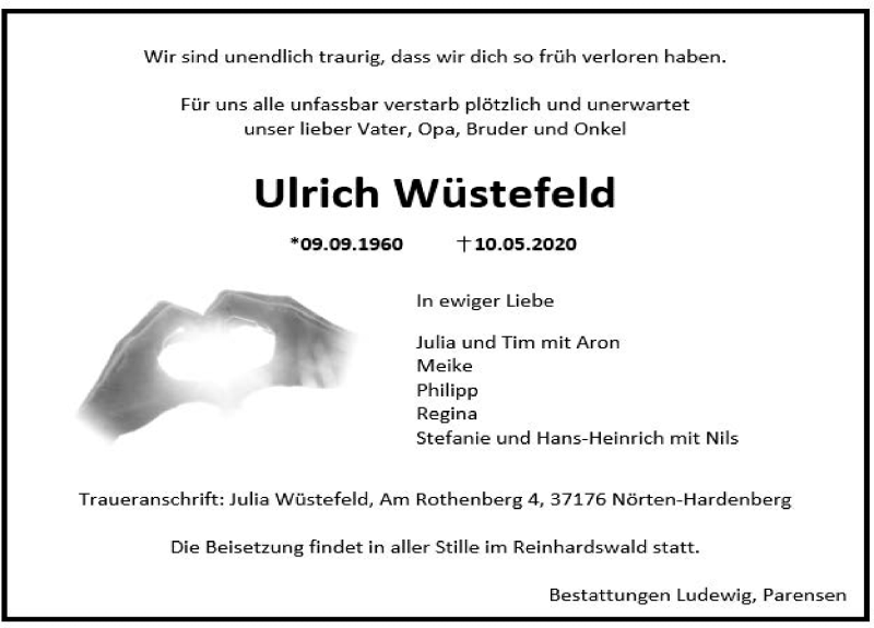  Traueranzeige für Ulrich Wüstefeld vom 23.05.2020 aus Göttinger Tageblatt