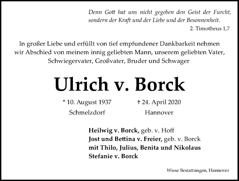  Traueranzeige für Ulrich v. Borck vom 02.05.2020 aus Hannoversche Allgemeine Zeitung/Neue Presse