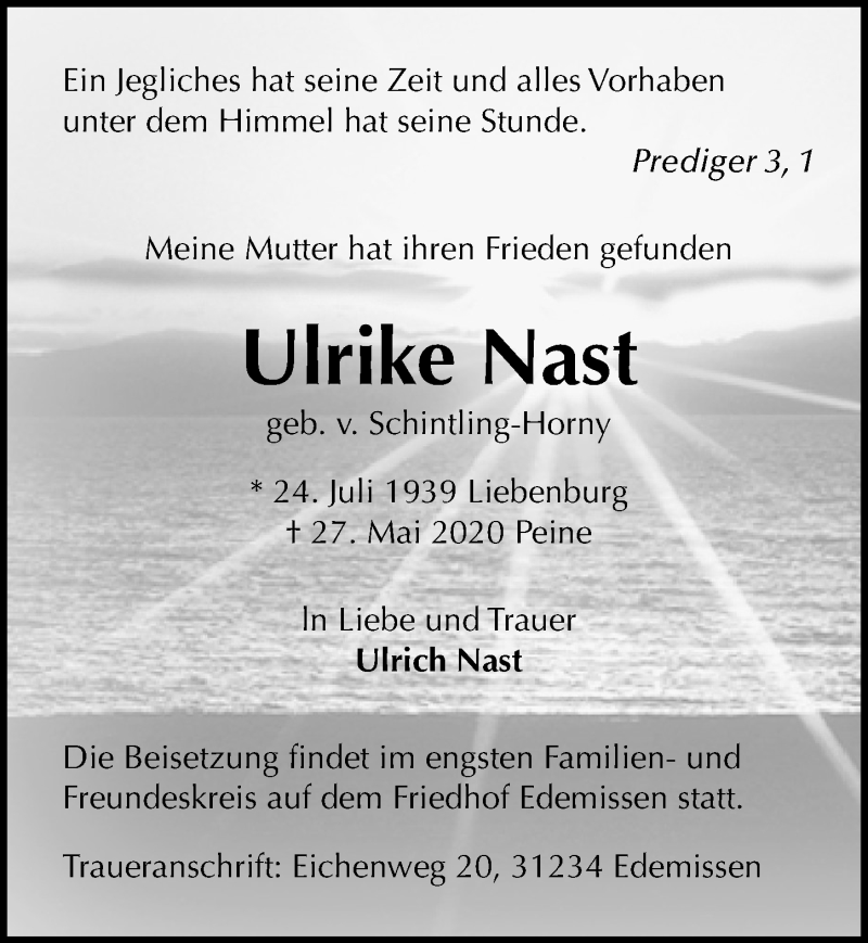  Traueranzeige für Ulrike Nast vom 30.05.2020 aus Peiner Allgemeine Zeitung