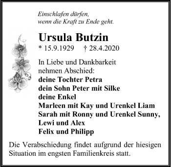 Traueranzeige von Ursula Butzin von Ostsee-Zeitung GmbH