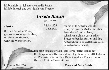 Traueranzeige von Ursula Butzin von Ostsee-Zeitung GmbH