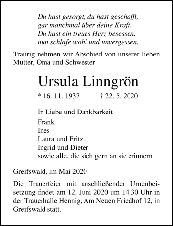 Traueranzeige von Ursula Linngrön von Ostsee-Zeitung GmbH