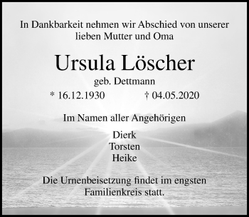 Traueranzeige von Ursula Löscher von Ostsee-Zeitung GmbH