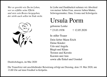 Traueranzeige von Ursula Porm von Ostsee-Zeitung GmbH