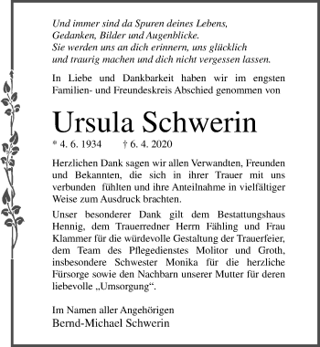 Traueranzeige von Ursula Schwerin von Ostsee-Zeitung GmbH