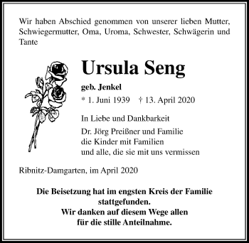 Traueranzeige von Ursula Seng von Ostsee-Zeitung GmbH