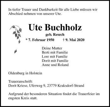 Traueranzeige von Ute Buchholz von Lübecker Nachrichten