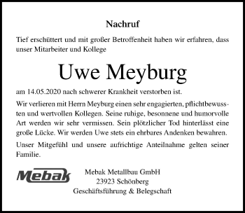 Traueranzeige von Uwe Meyburg von Lübecker Nachrichten