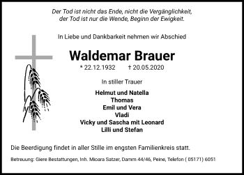 Traueranzeige von Waldemar Brauer von Peiner Allgemeine Zeitung