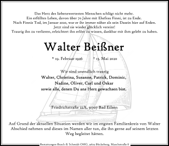 Traueranzeige von Walter Beißner von Schaumburger Nachrichten