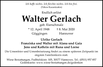 Traueranzeige von Walter Gerlach von Hannoversche Allgemeine Zeitung/Neue Presse