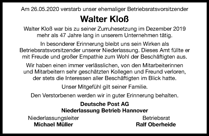  Traueranzeige für Walter Kloß vom 30.05.2020 aus Hannoversche Allgemeine Zeitung/Neue Presse