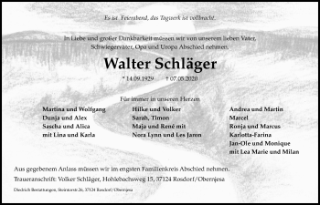 Traueranzeige von Walter Schläger von Göttinger Tageblatt