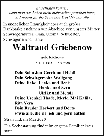 Traueranzeige von Waltraud Griebenow von Ostsee-Zeitung GmbH