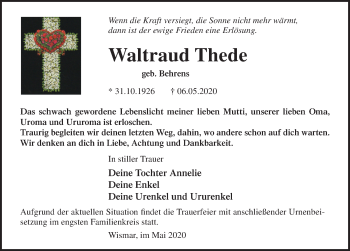 Traueranzeige von Waltraud Thede Behrens von Ostsee-Zeitung GmbH